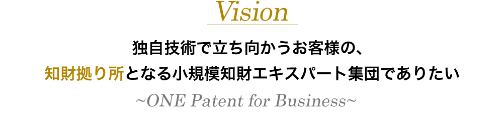Vision 独自技術で立ち向かうお客様の、知財拠り所となる小規模知財エキスパート集団でありたい　～ONE Patent for Business～